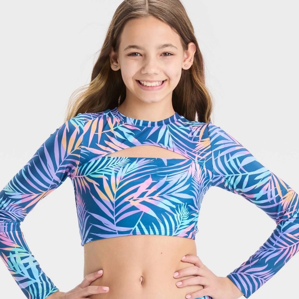 Kids Tropical Print Long Sleeve Swim Top